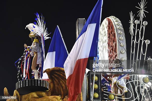 Revelers of the Vai-Vai samba school perform honoring France with their performance "Je suis Vai-Vai. Bem-Vindos a França!" during the second night...