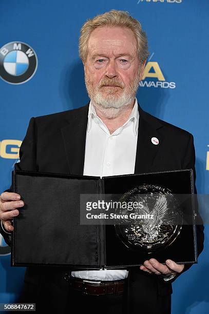 Director Ridley Scott, recipient of the Feature Film Nomination Plaque for The Martian, poses in the press room during the 68th Annual Directors...