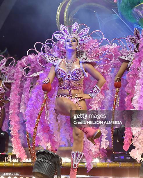 Revelers of the Vai-Vai samba school perform honoring France with their performance "Je suis Vai-Vai. Bem-Vindos a França!" during the second night...