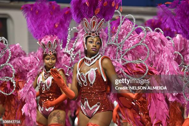 Revelers of the Vai-Vai samba school perform honoring France with their performance "Je suis Vai-Vai. Bem-Vindos a França!" during the second night...