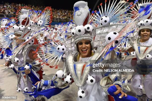 Revelers of the Vai-Vai samba school perform honoring France with their performance "Je suis Vai-Vai. Bem-Vindos a França!" during the second night...