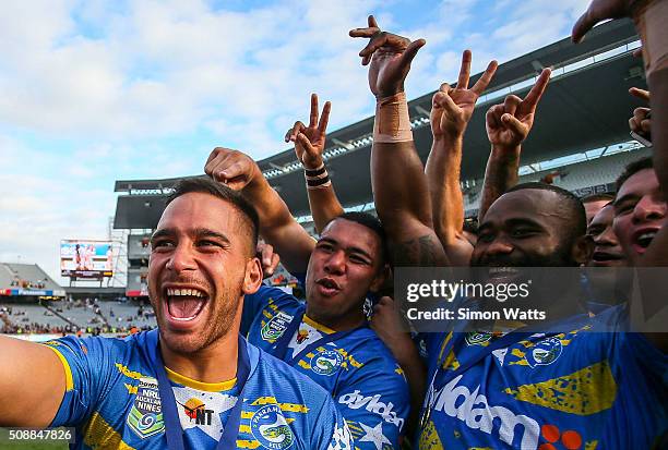 Eels players celebrate with a selfie after winning the 2016 Auckland Nines Grand Final match between the Warriors and the Eels at Eden Park on...