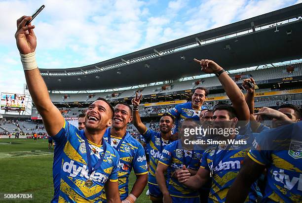 Eels players celebrate with a selfie after winning the 2016 Auckland Nines Grand Final match between the Warriors and the Eels at Eden Park on...