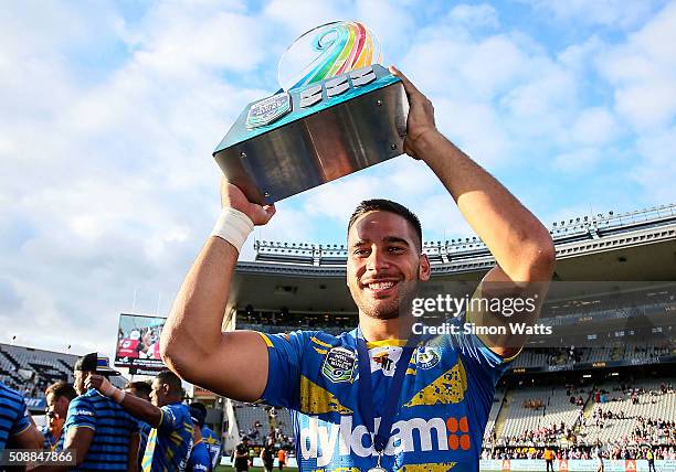 Corey Norman of the Eels celebrates after winning the 2016 Auckland Nines Grand Final match between the Warriors and the Eels at Eden Park on...