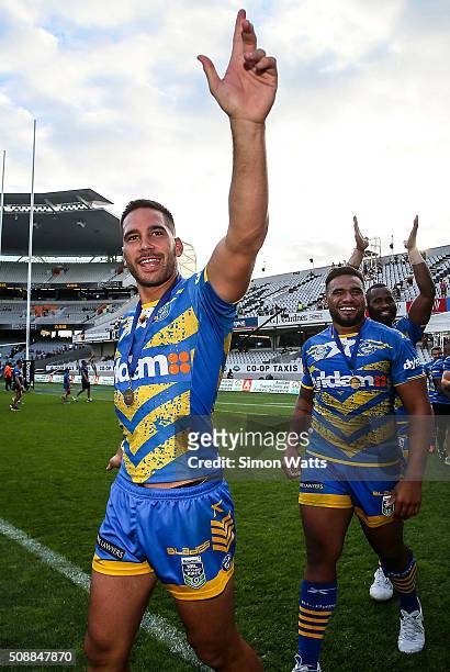 Corey Norman of the Eels celebrates after winning the 2016 Auckland Nines Grand Final match between the Warriors and the Eels at Eden Park on...