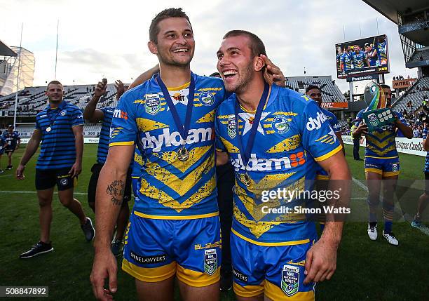 Mitch Cornish and Luke Kelly of the Eels celebrate after winning the 2016 Auckland Nines Grand Final match between the Warriors and the Eels at Eden...