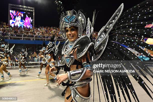 Revelers of the Vai-Vai samba school perform honoring France with their performance "Je suis Vai-Vai. Bem-Vindos a França!" during the second night...