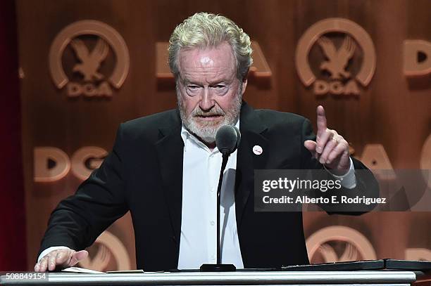 Director Ridley Scott accepts the Feature Film Nomination Plaque for The Martian onstage at the 68th Annual Directors Guild Of America Awards at...