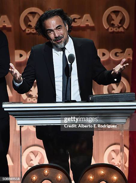 Director Alejandro Gonzalez Inarritu accepts the Outstanding Directorial Achievement in Feature Film for 2015 award for The Revenant onstage at the...