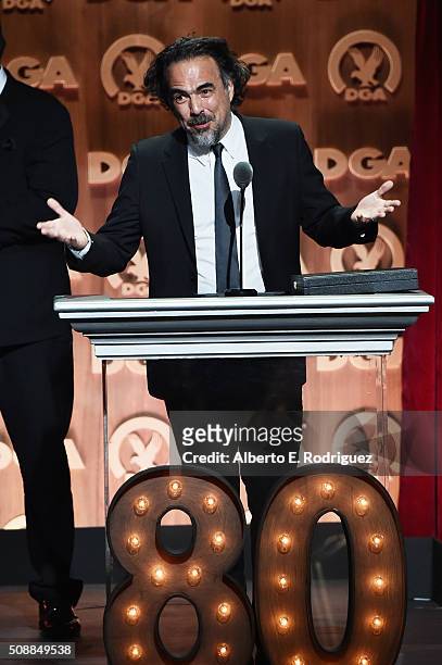Director Alejandro Gonzalez Inarritu accepts the Outstanding Directorial Achievement in Feature Film for 2015 award for The Revenant onstage at the...