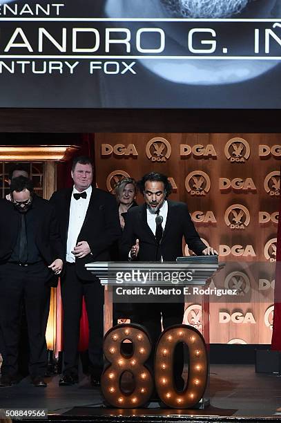 Director Alejandro Gonzalez Inarritu accepts the Outstanding Directorial Achievement in Feature Film for 2015 award for The Revenant onstage at the...