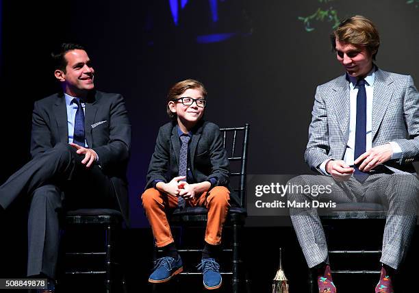 Moderator Dave Karger, Actor Jacob Tremblay and Actor Paul Dano speak at the Virtuosos Award at the Arlington Theater at the 31th Santa Barbara...