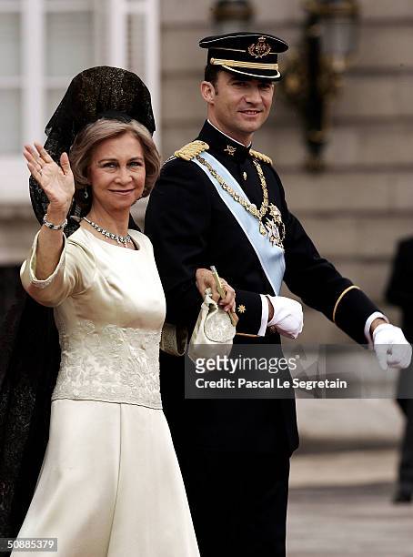 Spanish Crown Prince Felipe de Bourbon arrives with his mother, Queen Sofia, moments before he marry former journalist Letizia Ortiz at the Almudena...