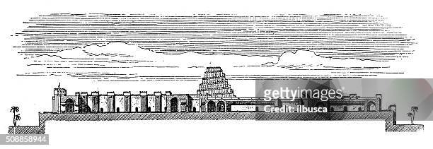 ilustraciones, imágenes clip art, dibujos animados e iconos de stock de anticuario ilustración de palacio de sargon ii (dur-sharrukin, khorsabad, iraq - ziggurat