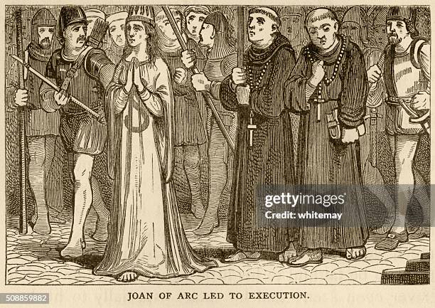 joan of arc being taken to her execution - hundred years war stock illustrations