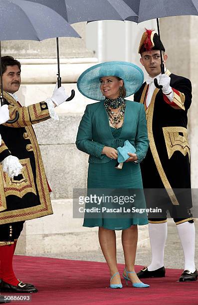 Grand Duchess Maria Teresa of Luxembourg leaves after she attended the wedding ceremony between Spanish Crown Prince Felipe de Bourbon and former...