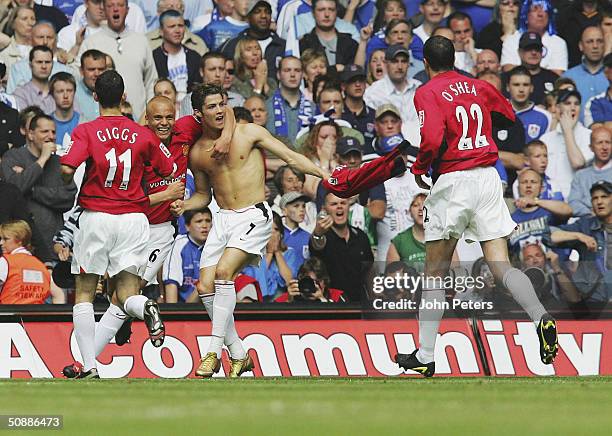 Cristiano Ronaldo of Manchester United celebrates scoring the first goal during the AXA FA Cup Final between Manchester United and Millwall at the...