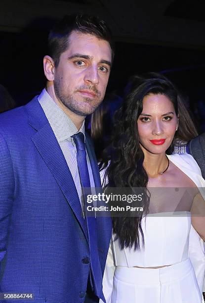 Player Aaron Rodgers and actress Olivia Munn attend the DirecTV and Pepsi Super Saturday Night featuring Red Hot Chili Peppers at Pier 70 on February...