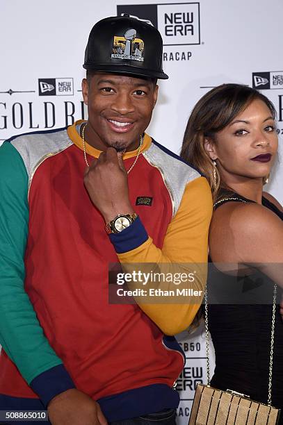 Player Jameis Winston and Breion Allen attend the New Era Super Bowl party at The Battery on February 6, 2016 in San Francisco, California.