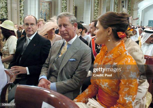 Sweden's Crown Princess Victoria sits next to Prince Charles of Britan and Crown Prince Albert of Monaco during the wedding ceremony between Spain's...