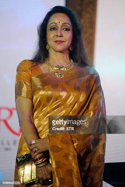Indian Bollywood actress and politician Hema Malini attends the 'National Jewellery Awards 2016' ceremony in Mumbai on February 6, 2016. AFP PHOTO /...