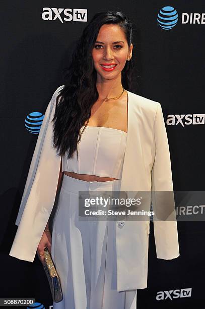 Actress Olivia Munn attends the DirecTV and Pepsi Super Saturday Night featuring Red Hot Chili Peppers at Pier 70 on February 6, 2016 in San...