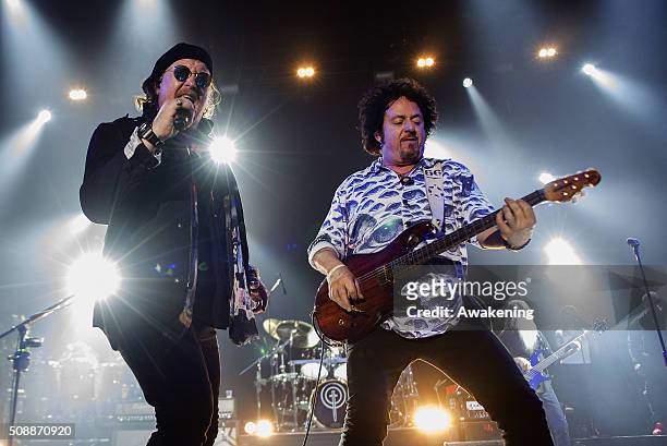 Steve Lukather and David Paich of Toto perform at Pala Alpitour on February 6, 2016 in Turin, Italy.