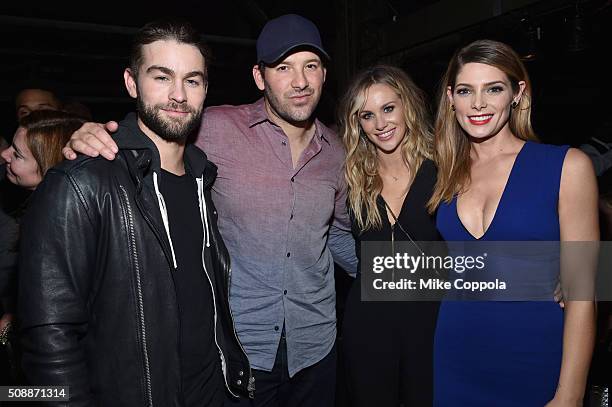 Actor Chace Crawford, NFL player Tony Romo, reporter Candice Crawford and actress Ashley Greene attend the DirecTV Super Saturday Night co-hosted by...