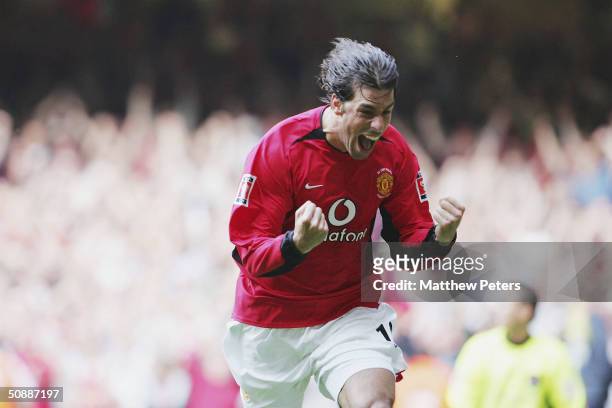 Ruud van Nistelrooy of Manchester United celebrates after scoring a penalty during the AXA FA Cup Final between Manchester United and Millwall at the...