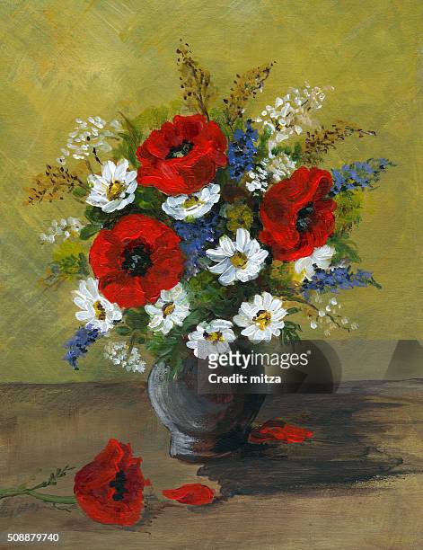 acrylic painting of wild flowers arrangement in ceramic vase - poppies in vase stock illustrations