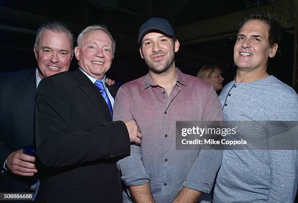 Dallas Cowboys Owner / President / General Manager Jerry Jones, NFL player Tony Romo, and AXS TV Chairman, CEO, and President Mark Cuban attend the...