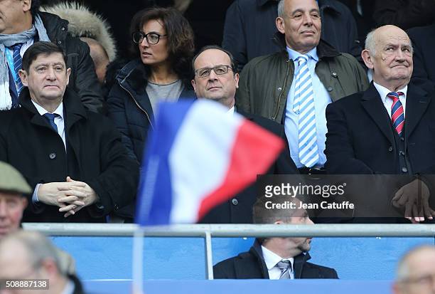French Minister of Sports Patrick Kanner, Nathalie Iannetta, Hollande's adviser for sports, French President Francois Hollande, President of French...