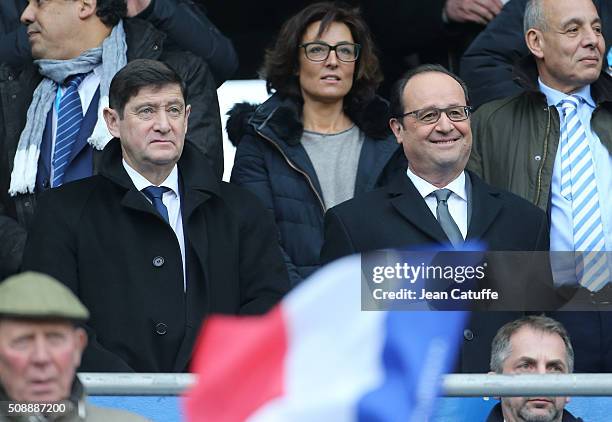 French Minister of Sports Patrick Kanner, Nathalie Iannetta, Hollande's adviser for sports, French President Francois Hollande attend the RBS 6...