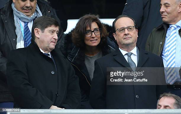 French Minister of Sports Patrick Kanner, Nathalie Iannetta, Hollande's adviser for sports, French President Francois Hollande attend the RBS 6...