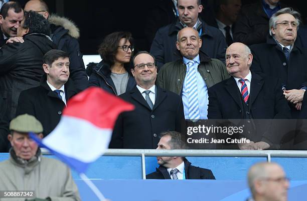 French Minister of Sports Patrick Kanner, Nathalie Iannetta, Hollande's adviser for sports, French President Francois Hollande, President of French...