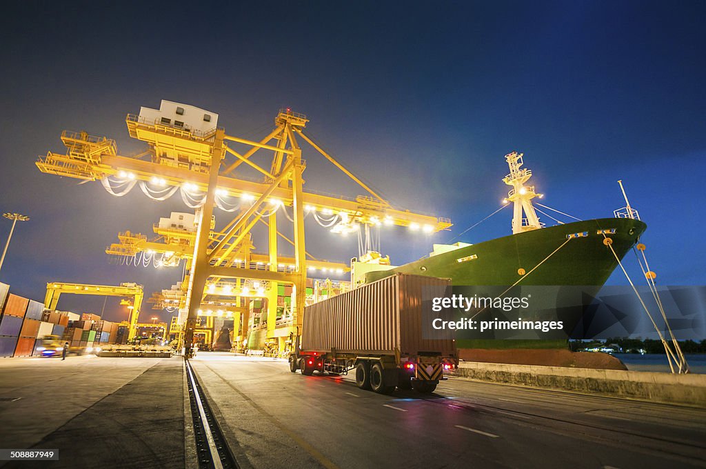 Cargo ship in the harbor at sunset .