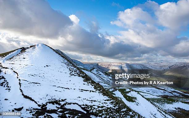 snowy view of rushup edge and the edale valley. - edale stock pictures, royalty-free photos & images