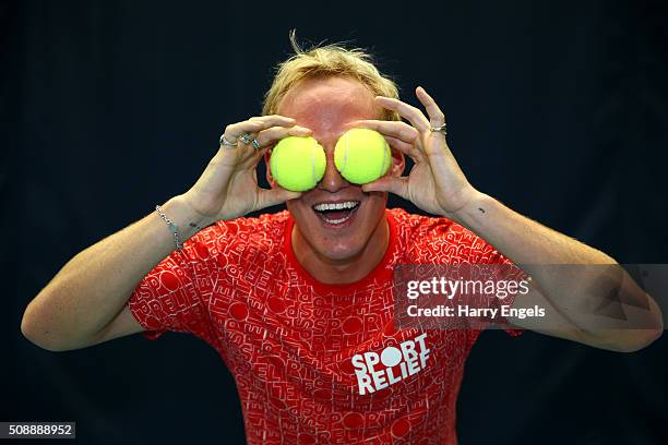 Jamie Laing from Made in Chelsea prepares to take on the Lawn Tennis Association's 24 hour tennis match for Sport Relief 2016 at the National Tennis...