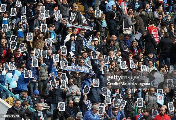 Fans of Napoli show images of Kalidou Koulibaly during the Serie A match between SSC Napoli and Carpi FC at Stadio San Paolo on February 7, 2016 in...