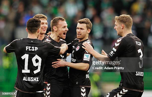 Bernd Nehrig of St Pauli celebrates scoring a goal with Lasse Sobiech of St Pauli during the 2. Bundesliga match between Greuther Fuerth and FC St....