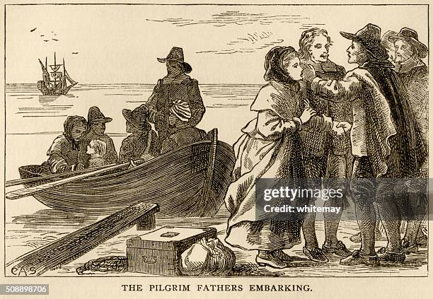 the pilgrim fathers embarking on their journey to america - pilgrim stock illustrations