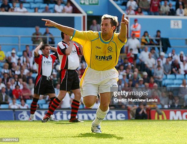 Lee Boylan of Canvey Island celebrates his first goal during the FA Trophy Final match between Canvey Island and Hednesford Town at Villa Park on May...