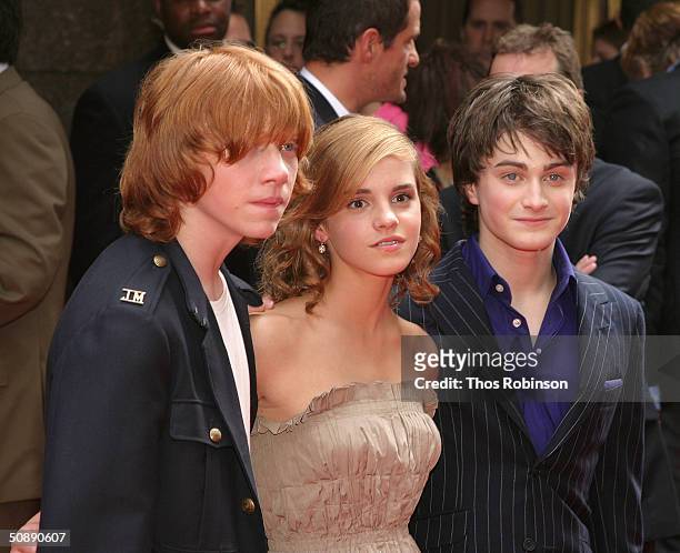 Actor Rupert Grint, Actress Emma Watson, and Actor Daniele Radcliffe attend the Premiere of Harry Potter and The Prisoner of Azkaban at Radio City...