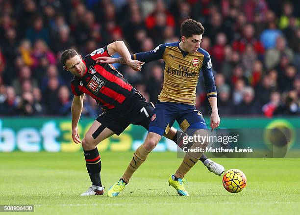 Hector Bellerin of Arsenal holds off Marc Pugh of Bournemouth during the Barclays Premier League match between A.F.C. Bournemouth and Arsenal at the...