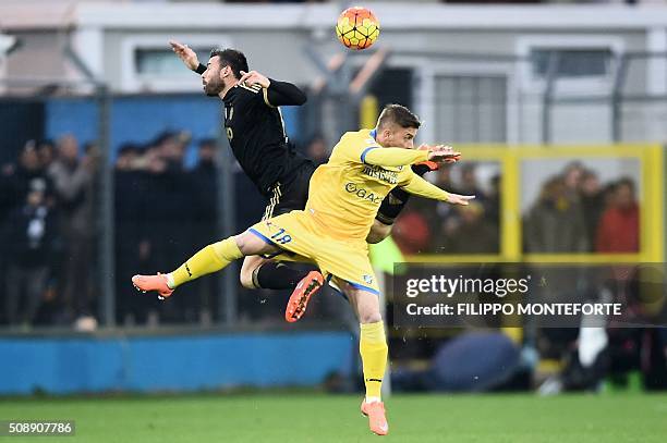 Frosinone's forward from Italy Federico Dionisi fights for the ball with Juventus' defender from Italy Andrea Barzagli during the Italian Serie A...