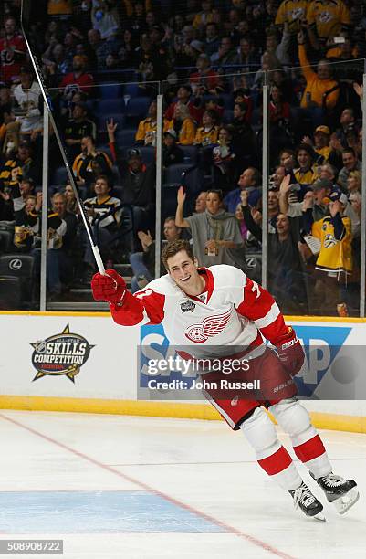 Dylan Larkin of the Detroit Red Wings celebrates with after his second turn in the Bridgestone NHL Fastest Skater portion of the 2016 Honda NHL...