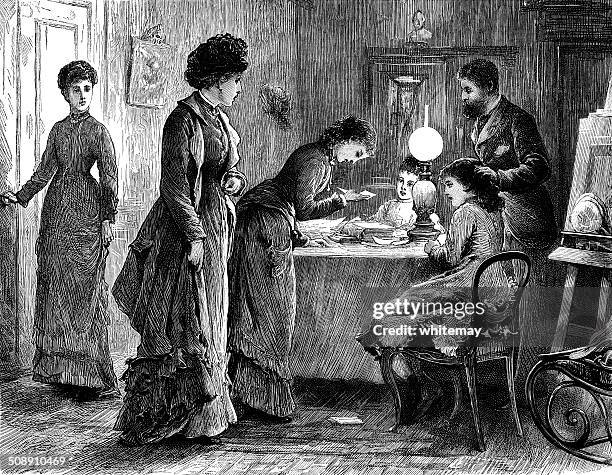 victorian family studying documents - working parent stock illustrations