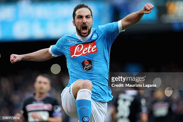 Gonzalo Higuain of Napoli celebrates the opening goal during the Serie A match between SSC Napoli and Carpi FC at Stadio San Paolo on February 7,...