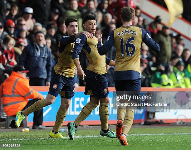 Alex Oxlade-Chamberlain celebrates scoring the 2nd Arsenal goal with Hector Bellerin and Aaron Ramsey during the Barclays Premier League match...