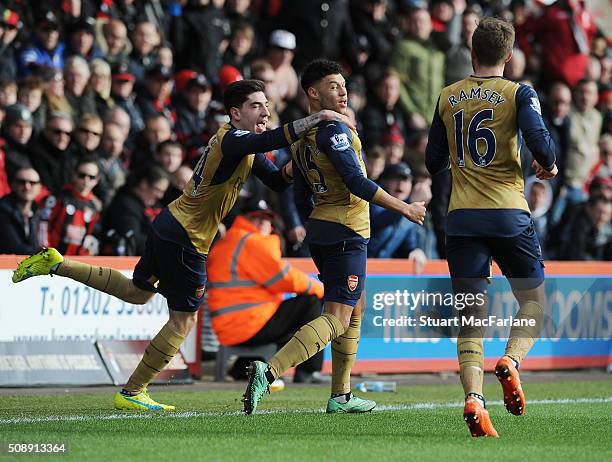 Alex Oxlade-Chamberlain celebrates scoring the 2nd Arsenal goal with Hector Bellerin and Aaron Ramsey during the Barclays Premier League match...